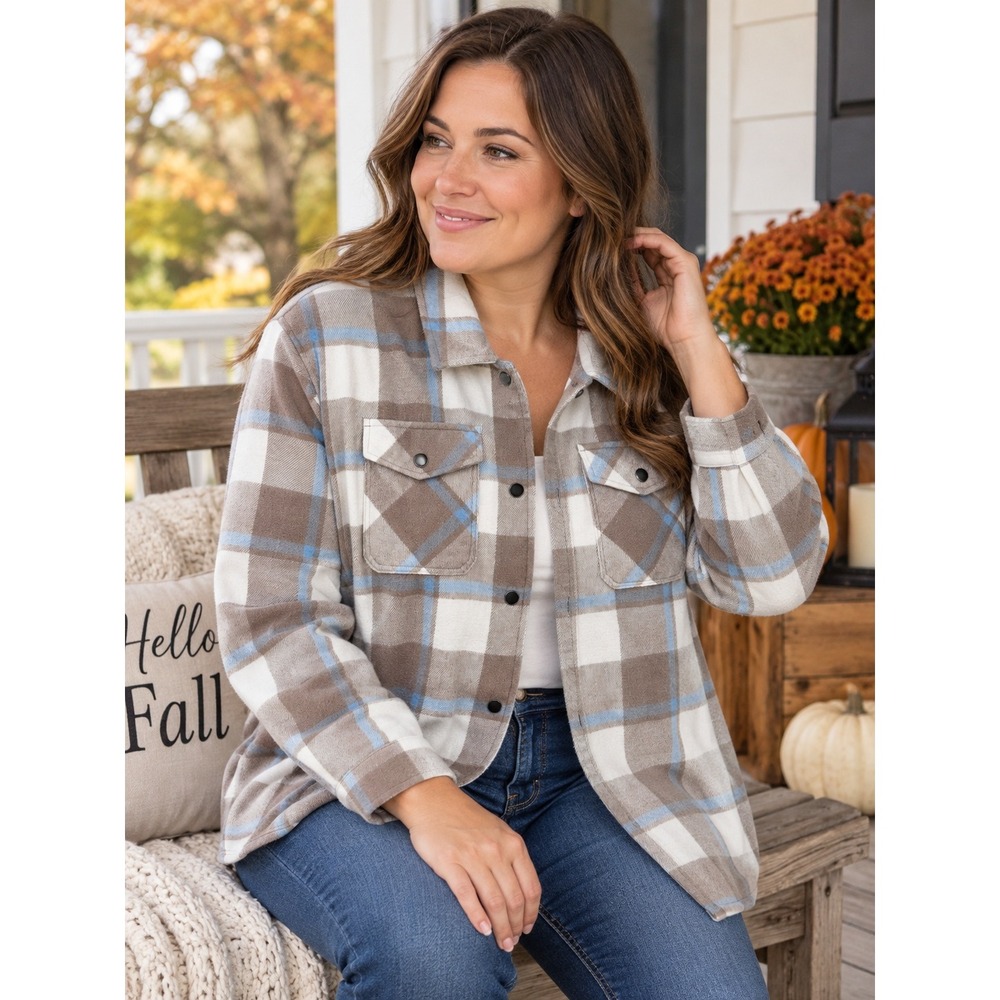 HFX Shirt Jacket Women XL Brown Plaid Snap Front Collared Long Sleeve Shacket